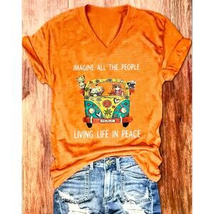 Vibrant T Shirt Imagine All The People Living Life in Peace Orange S (4)